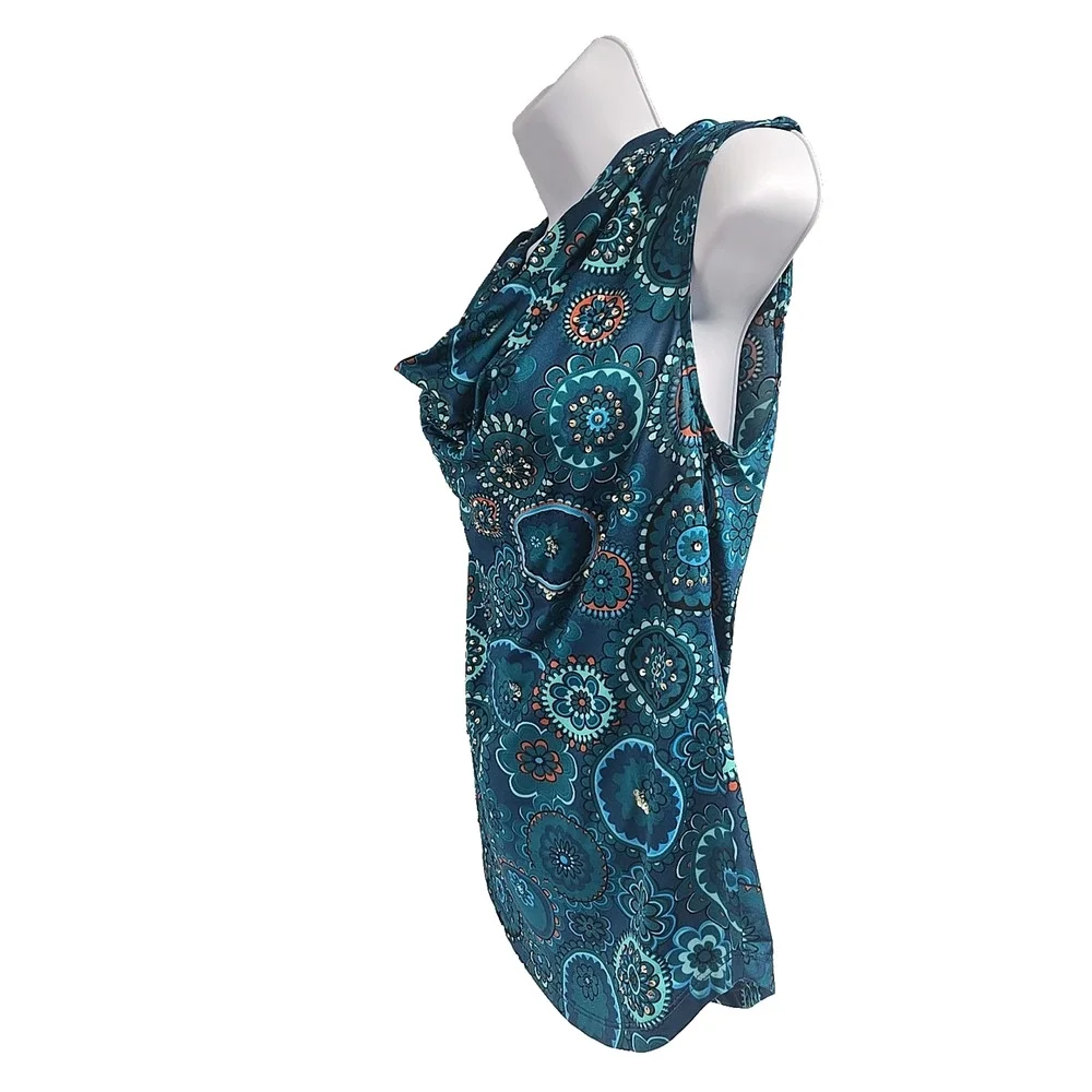 International Consept Womens Blouse Blues Cowl Neck Sleeveless Sequined Size M